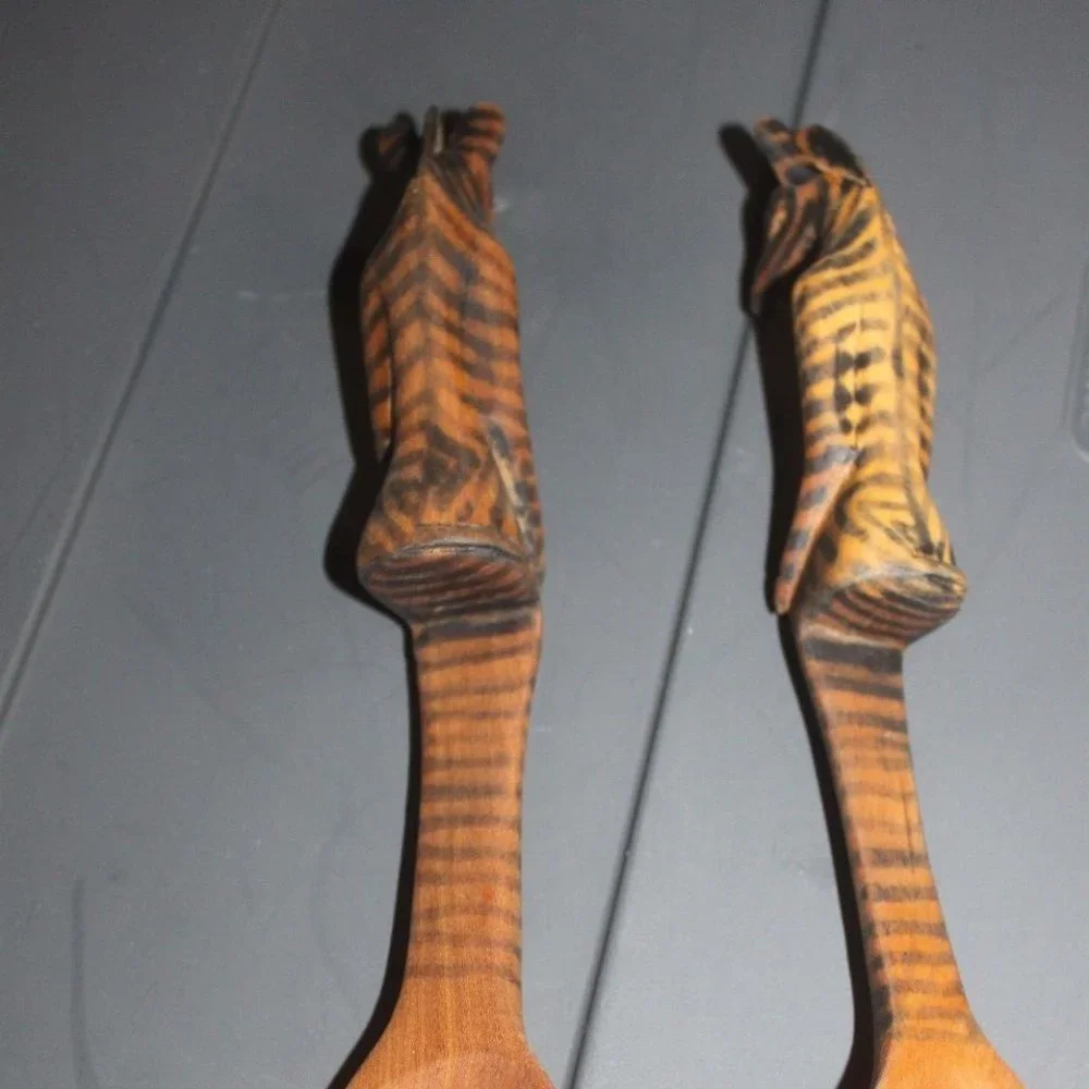 Unique Rare Carved Detailed wooden salad fork & spoon server striped animal …